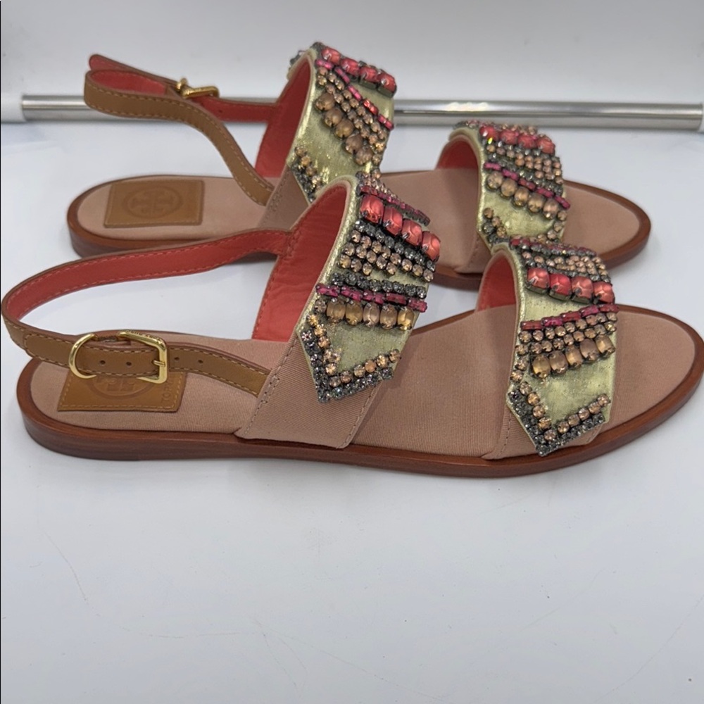 Tory Burch Gold Jeweled Strappy Sandals - Picture 9 of 16